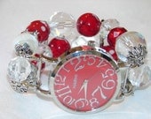 Red, White and Crystal Chunky Beaded Watch Band and Face - Interchangeable