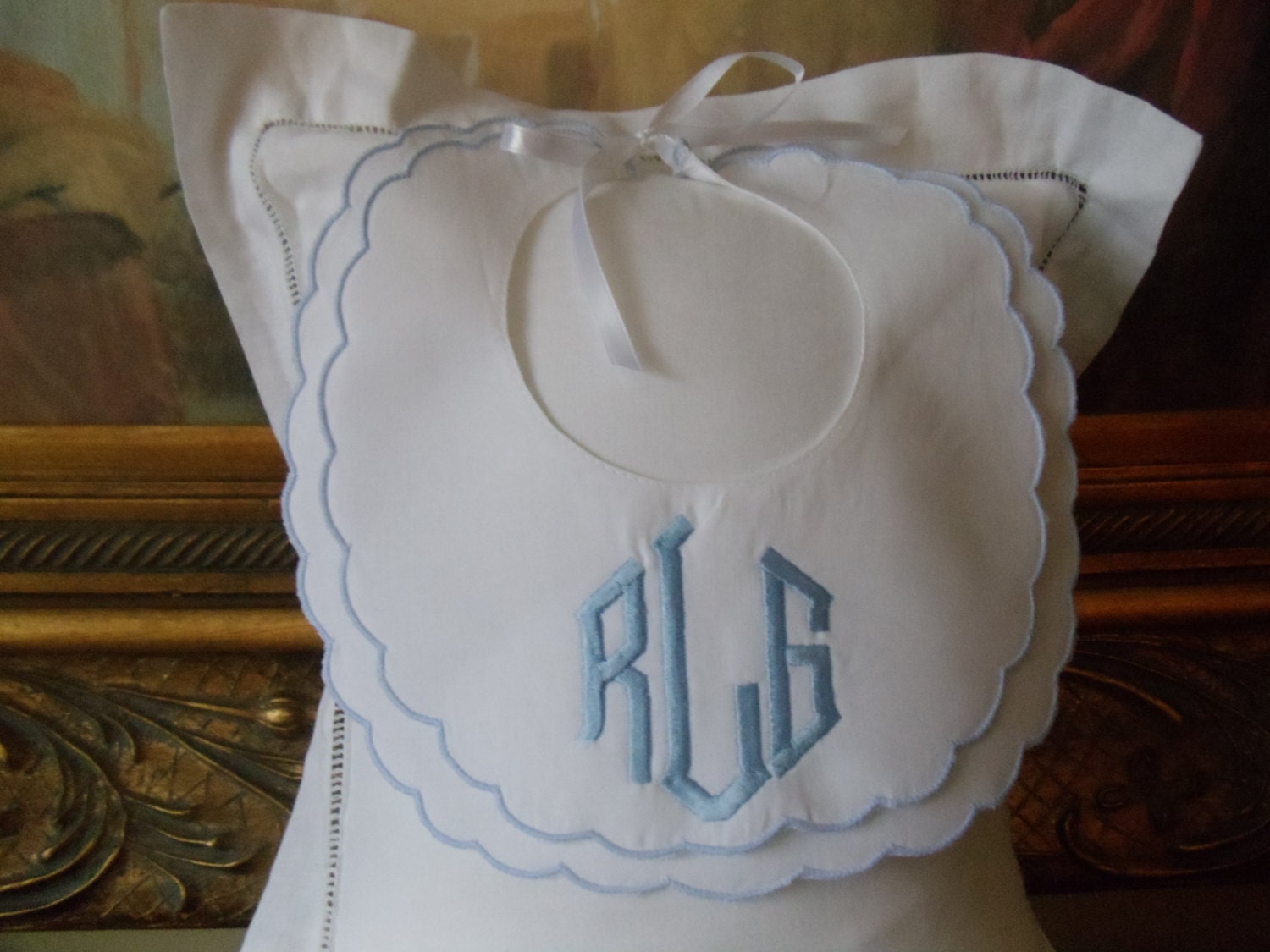 Monogrammed Double Scalloped Cotton Bib Trimmed in blue Great for Easter, Christening, Church,Weddings