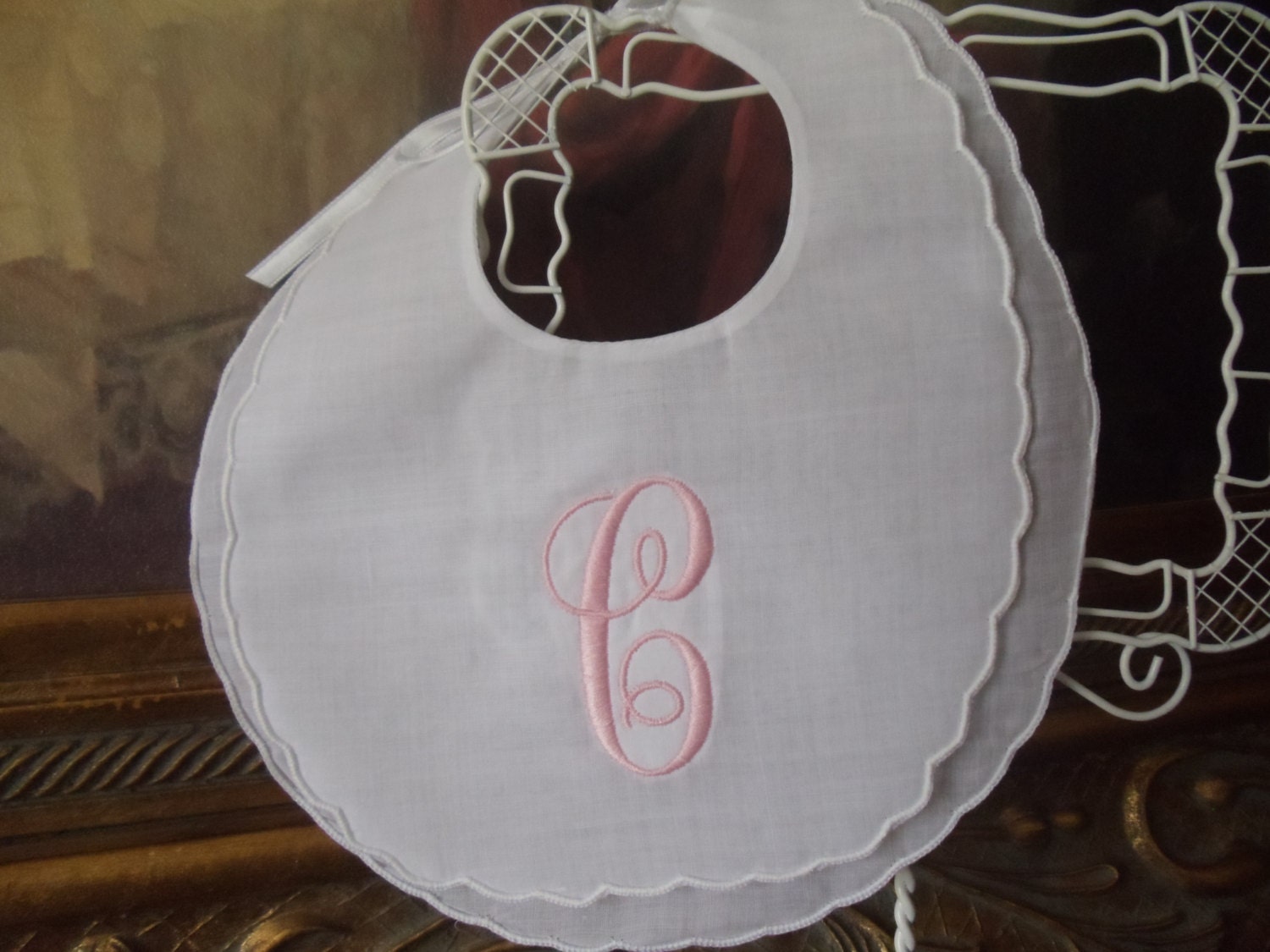 Baby Girl or Boy  Double Scalloped Linen Bib trimmed in white Great for christening or Sunday Church