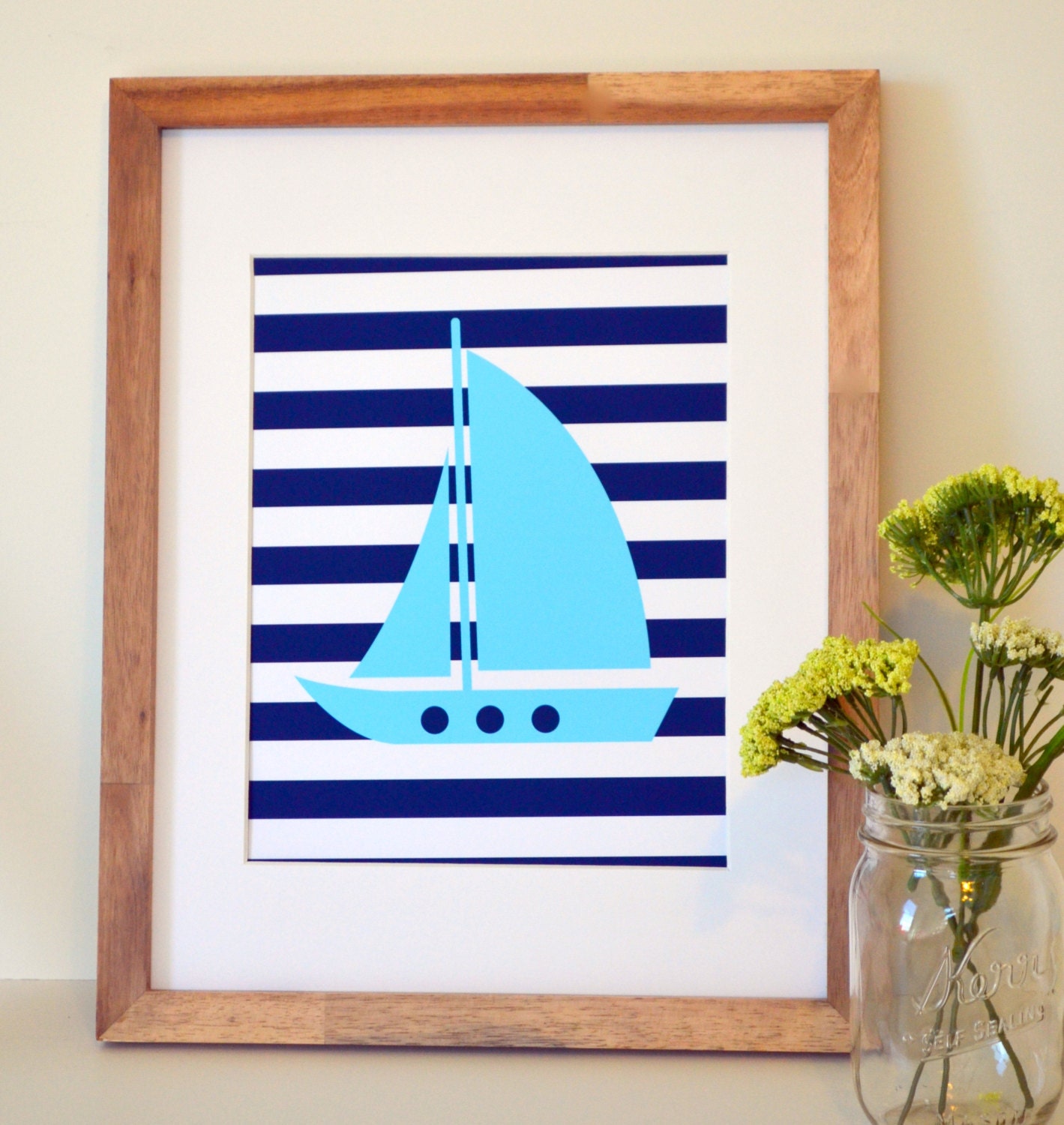 Sailboat 8x10 print- Nautical nursery decor- baby blue and navy- sailor theme party