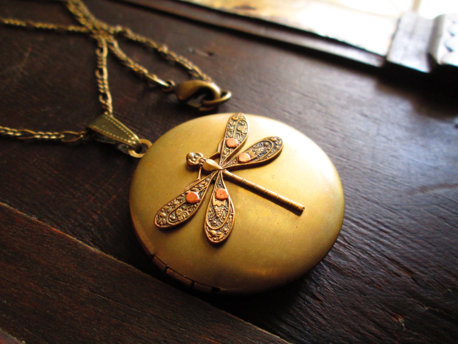 Steampunk Dragonfly Locket Necklace - Hand Riveted