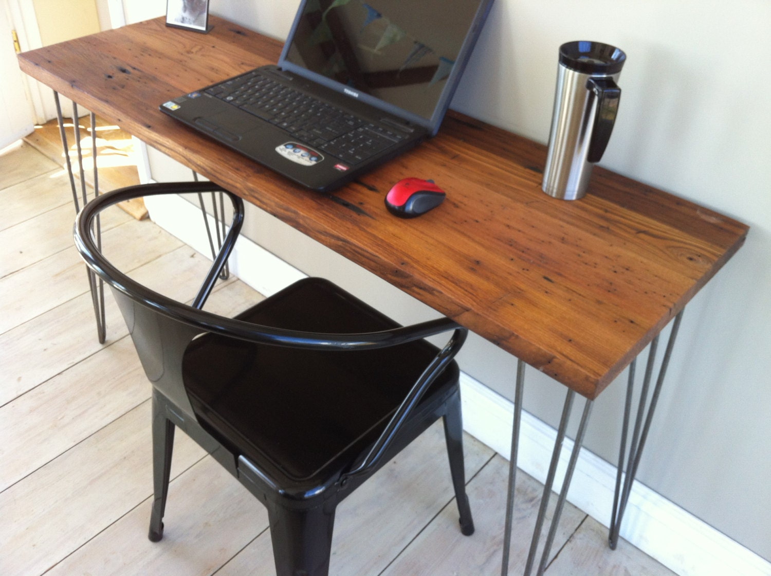 Modern industrial, mid century modern desk featuring reclaimed American Chestnut barnwood with hairpin legs, 18" x 50"