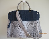 Marysol Genuine Python Snakeskin Leather Satchel Messenger Crossbody Bag Purse Handbag in Navy Blue Natural White Gray Combo