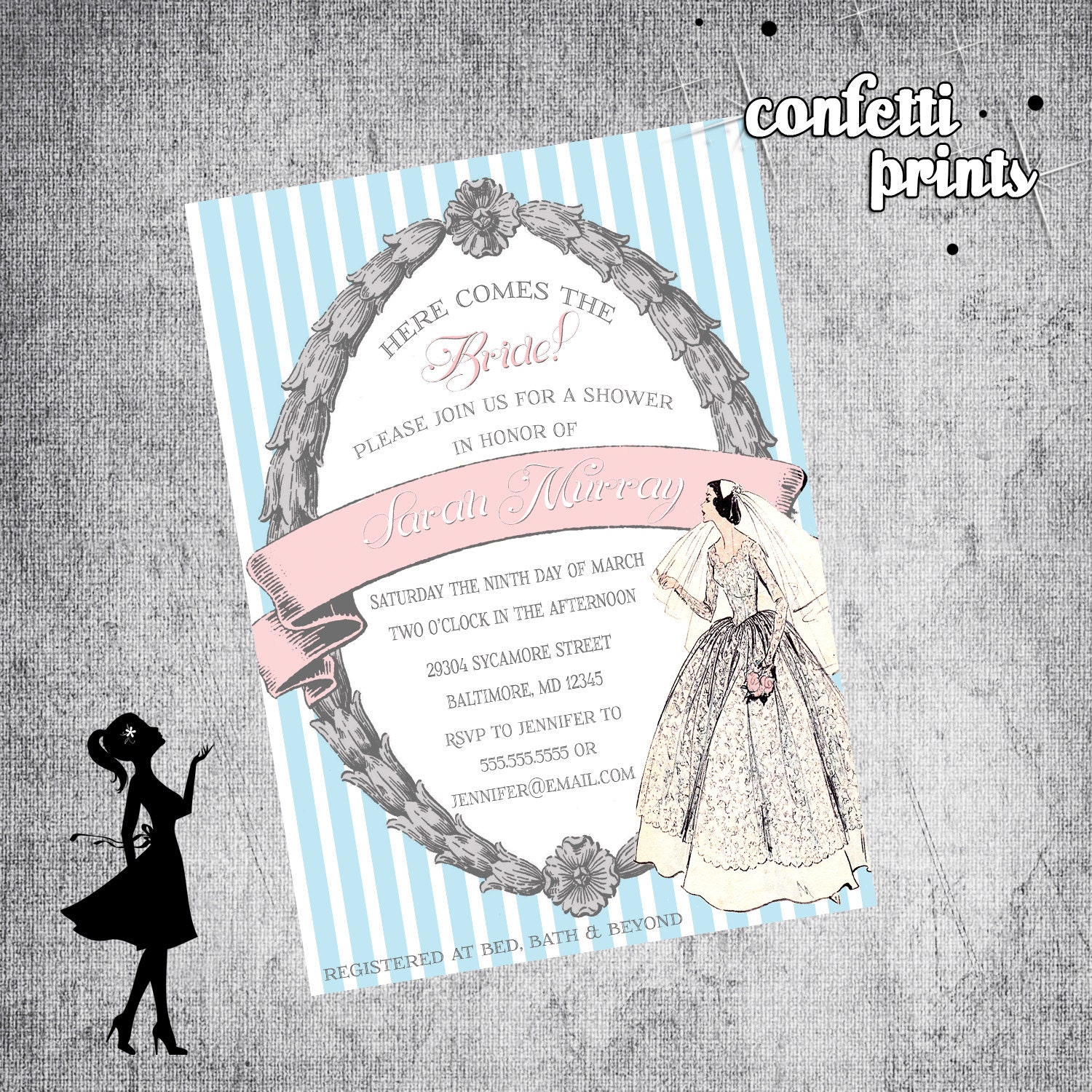 Vintage Bridal Shower Invitation - HERE COMES The BRIDE Printable Il_570xn