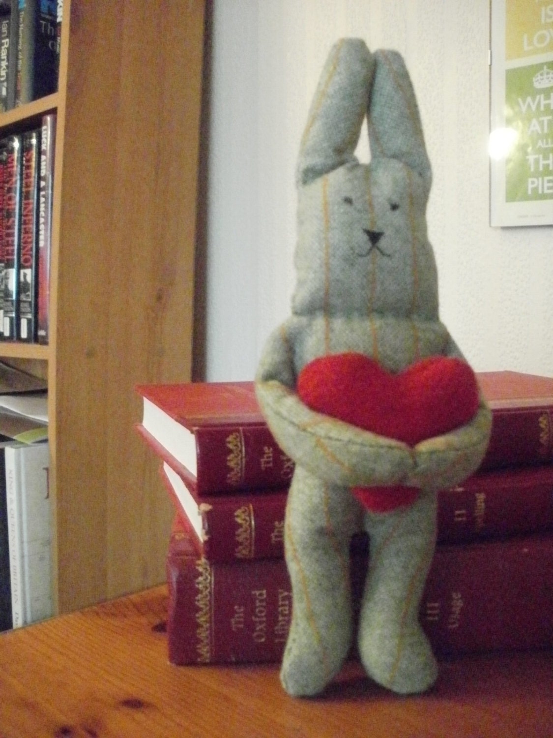Vintage style green tweed rabbit with red love heart.