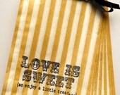 50 Gold and White Stripe 'Love is Sweet, So enjoy a little treat...' candy bags, wedding cake bags, candy station bags, favor bags