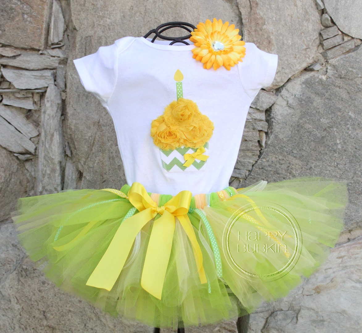 SUMMER CITRUS Set--Birthday Girl Cupcake Onesie and Tutu Skirt with Free Flower Clip, Newborn,1st, 2nd, 3rd, 4th, 5th Birthday