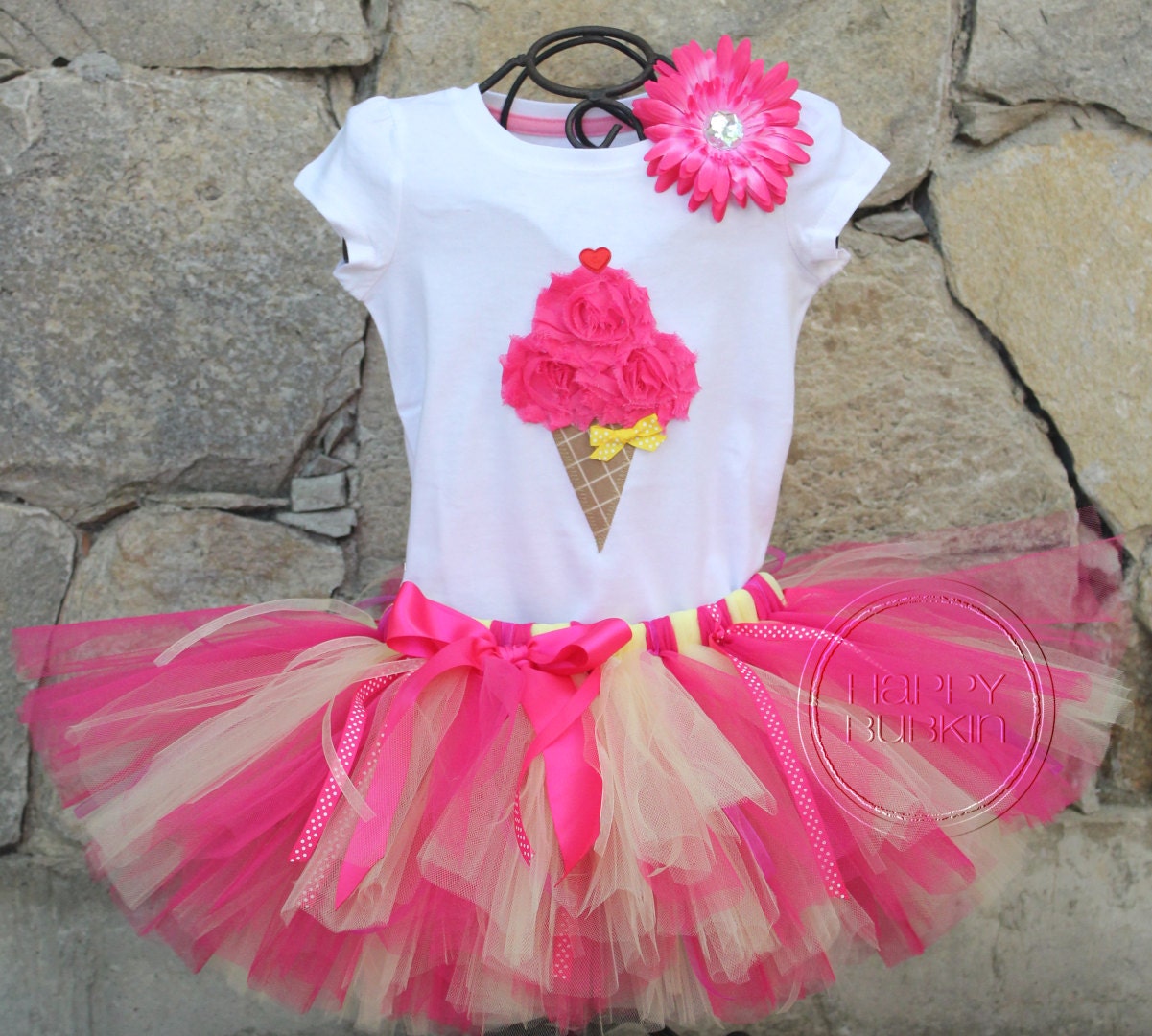 RASPBERRY LEMONADE SET--Ice Cream Cone Onesie and Tutu Skirt Set with Free Flower Clip, Newborn,1st, 2nd, 3rd, 4th, 5th Birthday