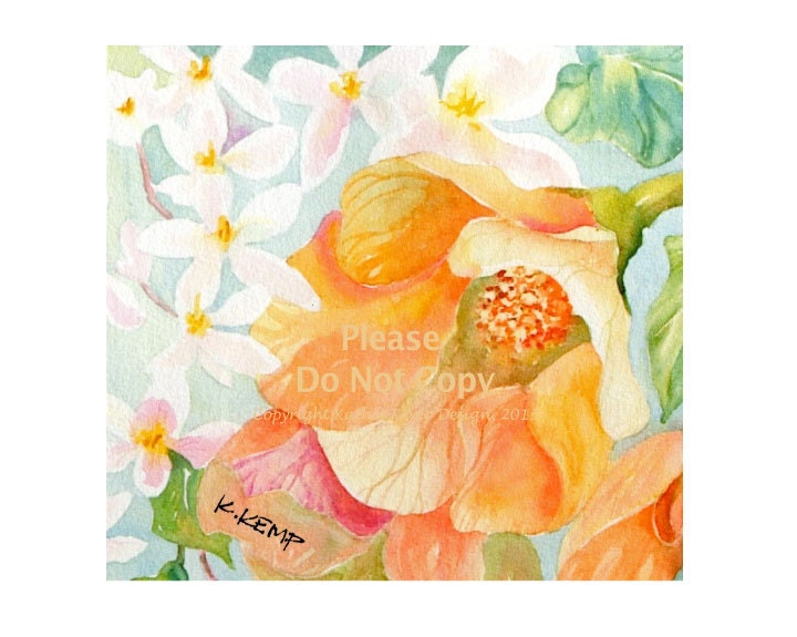 SALE Watercolor Art Print Spring Summer Flowers Orange Gloxinias with White Jasmine on Aqua Blue Background Peach Pink Blue Green Yellow