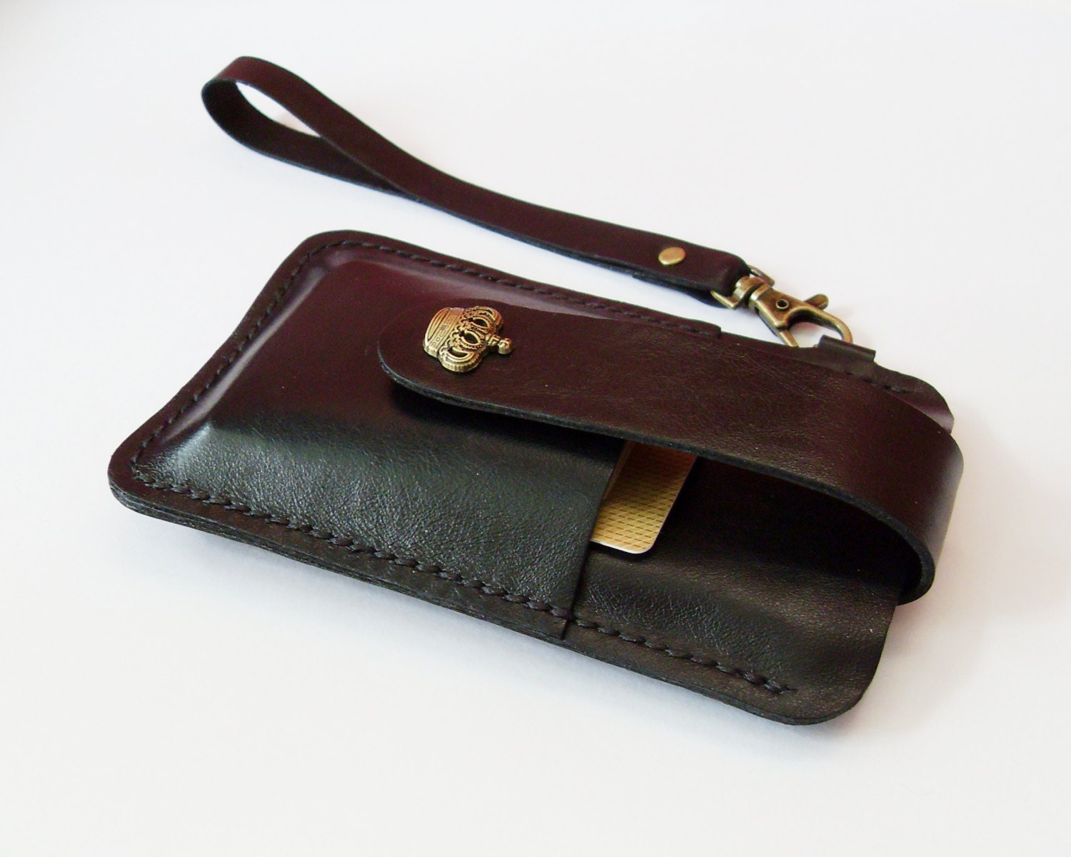 iPhone 5 Sleeve - Black Leather iPhone 5 Case with Crown Button Pull Tap - Easy to Take out - for iPhone 5 - Handmade & Hand Stitched