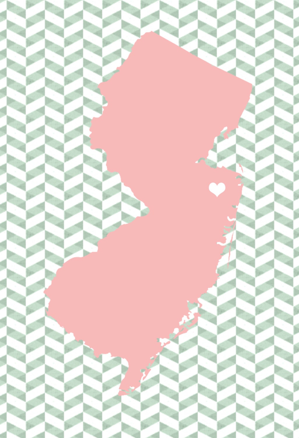 New Jersey Home State Poster - Customizable Heart on Your Hometown Chevron Backgrounds 12x18" - Watermelon Love Pink Black Grey White Green