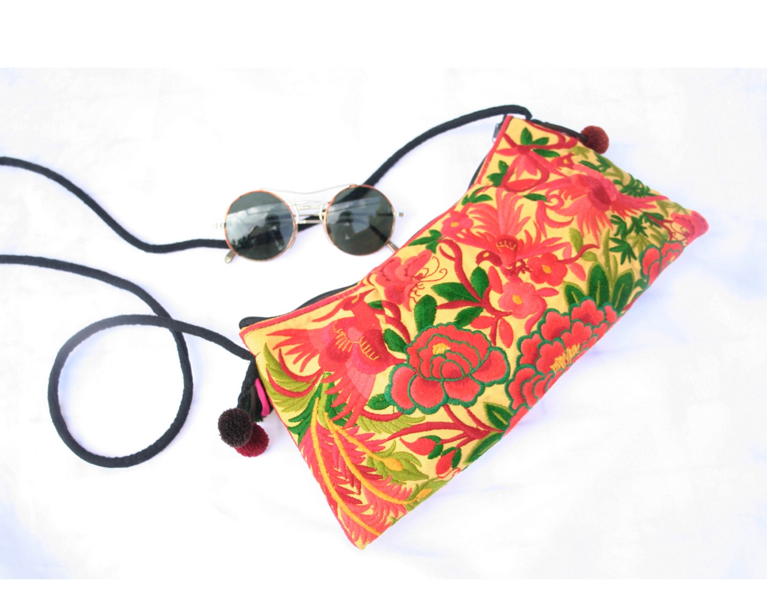 Yellow Cross Body Purse Rabbit/Deer/Peacock/Butterfly Ethnic Embroidery Clutch/Shoulder Bag