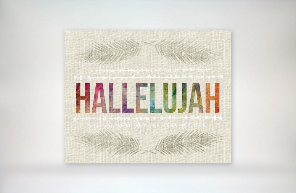 8x10 art print - Hallelujah - linen texture, bright colors, feathers & doodles - Inspirational Typography Poster Print