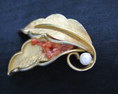 Capri Brooch Pin Leaf, MAD MEN Brooch 1960s, Signed Vintage Jewelry, Coral nuggets