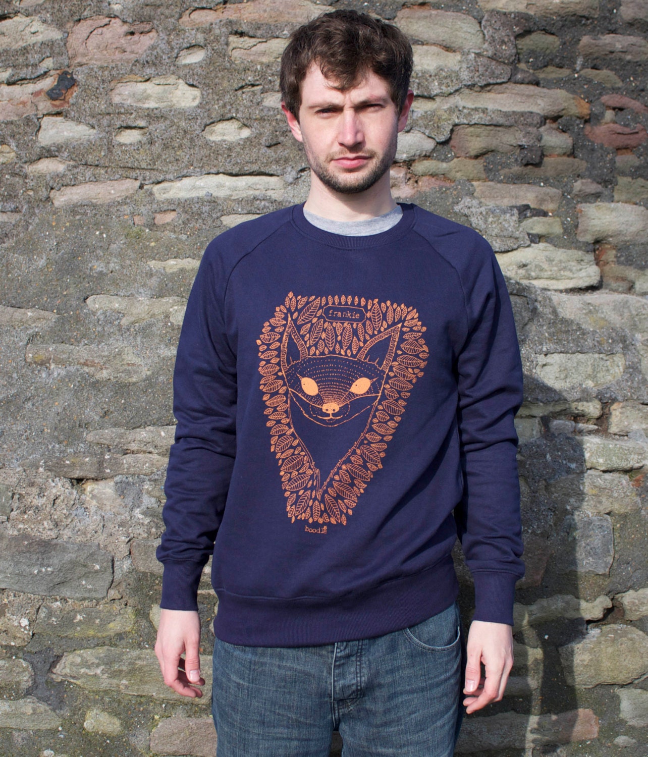 Mens Sweater, Organic cotton, Frankie the Fox. Hand screen printed with eco friendly inks
