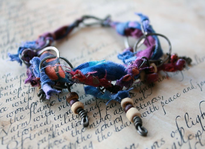 Violet Fabric & Steel Wire Mixed Media Bracelet