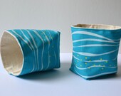 Hand Printed Canvas Storage Baskets - In Our Seaside Wave Pattern in White and Yellow on Turquoise Cotton- Set of 2 - Gift Basket