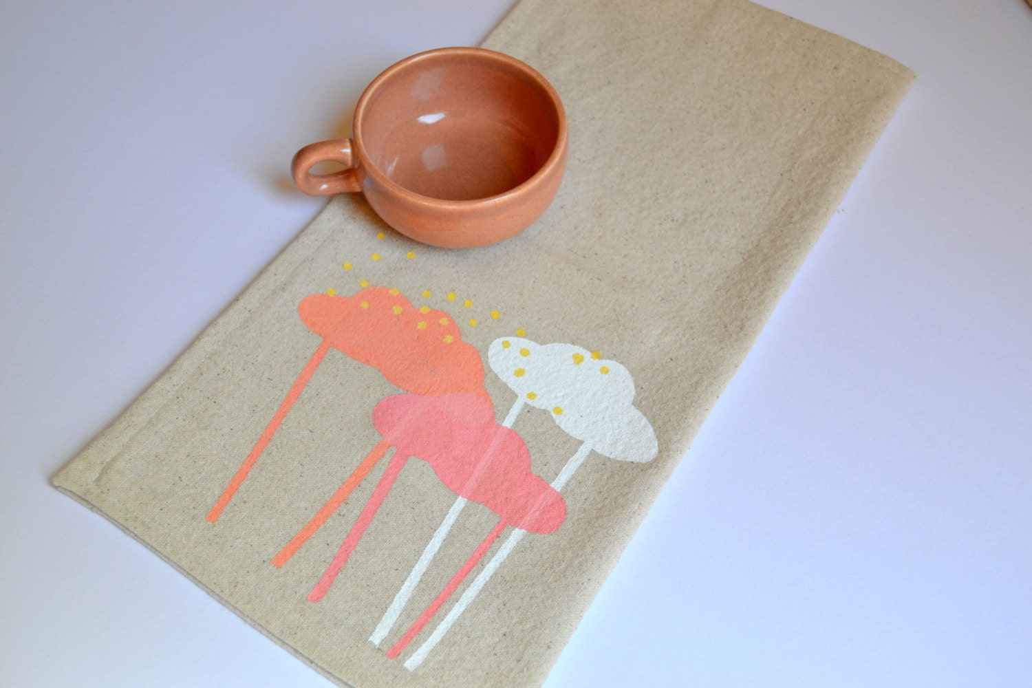 Hand Printed Cotton Napkins with Our Head in the Clouds Design in Pink , Tangerine and White on Natural size 16 by 16