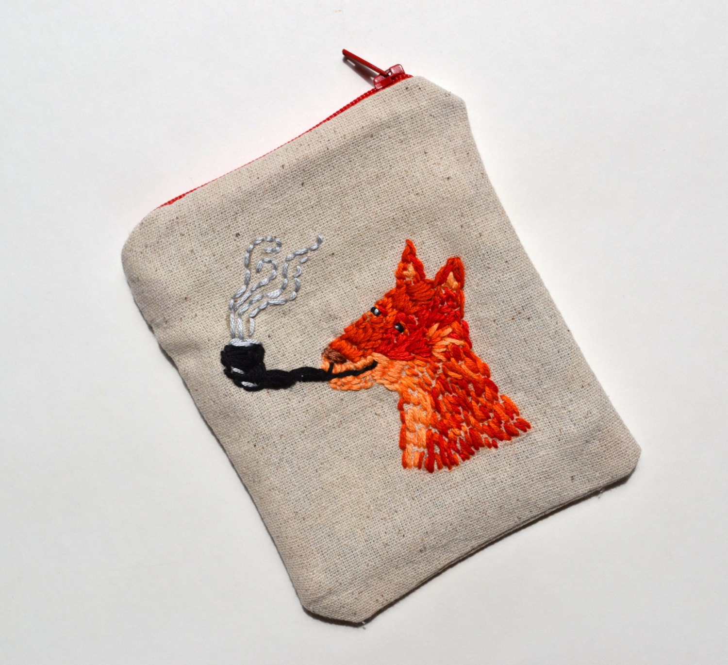 Hand Embroidered Zipper Linen Pouch Smoking Fox Coin Purse iPhone Gadget Case