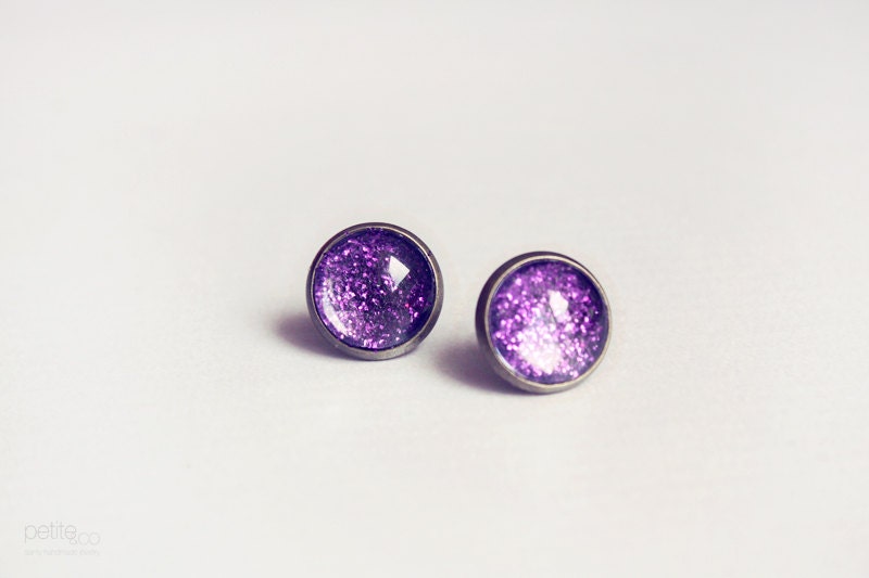 glitter studs - purple bokeh / minimalist sparkly jewelry