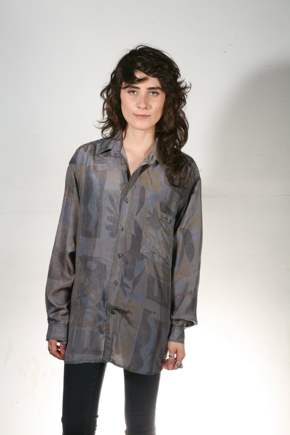 90s SILK watercolor baroque oversize button down shirt