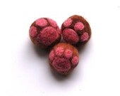 Cat toy balls, set of 3 wet felted wool cat paw balls, brown and pink