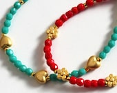 Bracelet set red czech beads turquoise czech beads gold plated heart flower valentine gift for her best friend birthday