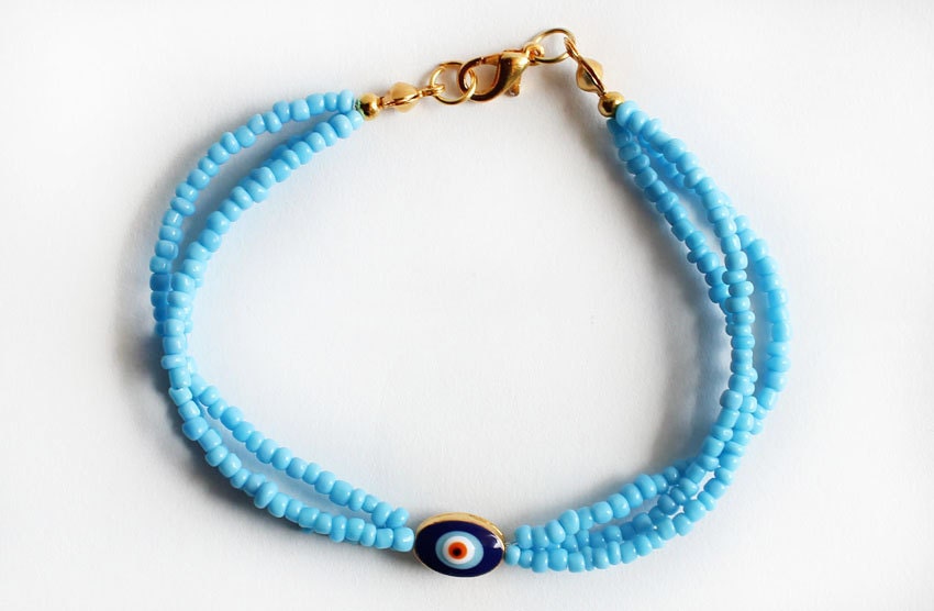 Charm bracelet Turquoise blue seed beads and evil eye summer bracelet best friend birthday gift