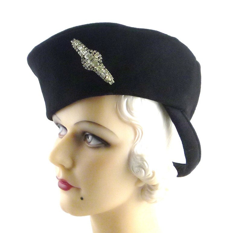 Art Deco 1930 Elegant Black Wool Felt Cossack with Vintage Art Deco Rhinestone Broach