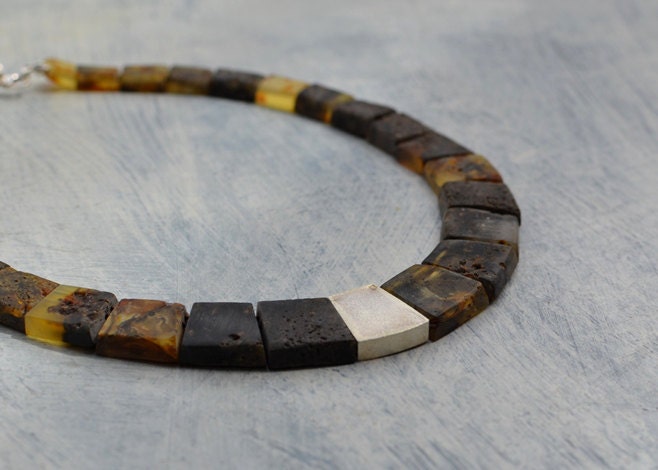 Natural Amber Necklace / Dark Amber Gold Brown Silver / Bohemian Style / Rustic Brown Amber Jewelry