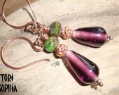 100% Donated to Alzheimer's -  Earrings - Beaded - Byzantium  and Fern Green - Czech Glass - Copper - JBP51
