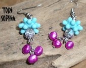 100% Donated to Alzheimer's -  Earrings -  Skye Blue bumpy lampwork glass beads - Spikes - Fuschia Water Pearls- Beaded - Silver - JBP54