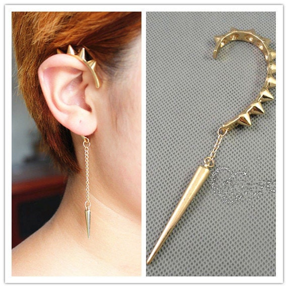 1P Goth Golden/Silvery Rivet Spike Spiked Cartilage Heavy Metal Tassels Ear Cuff Clip Stud Wrap Wirewrap Chain Statement Earring NO PIERCING