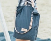 Gray, cotton tote handbag SEAL / natural leather handles and strap