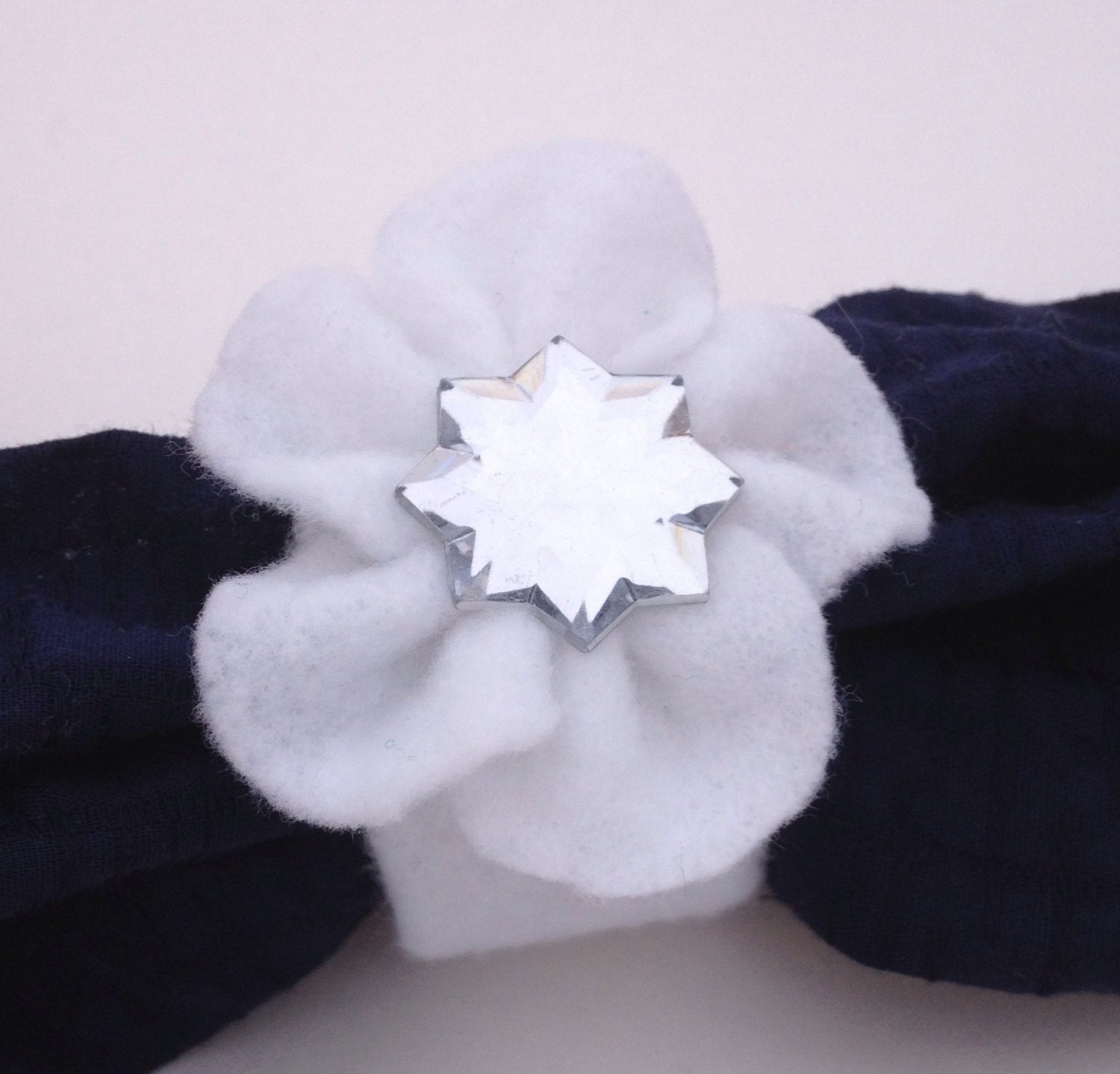 Winter Wonderland White Wedding Napkin Rings, White Felt Flower w/ Snow Flake Rine Stone  Napkin Ring, set of 8