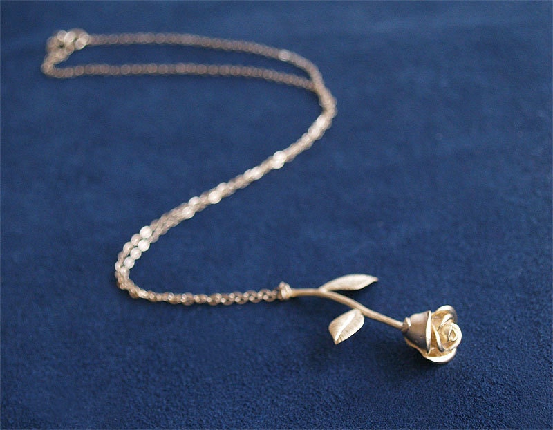 Gold Rose Necklace - Rose Stem Pendant on Sterling or Gold Filled Chain - Anniversary Gift, Gift for Her, Bridesmaid Jewelry