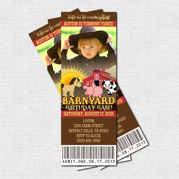 FARM ANIMAL TICKET Invitations Barnyard Birthday Party - (print your own) Personalized Printable