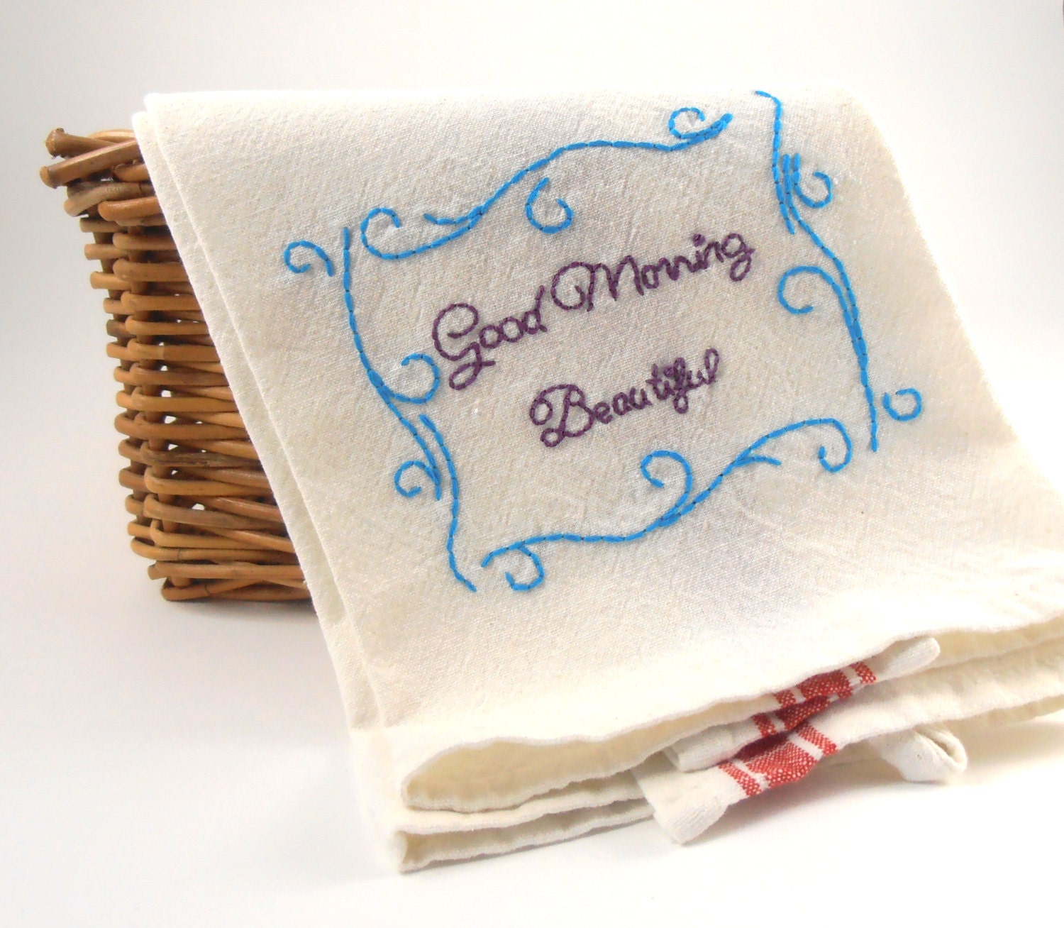 Good Morning Beautiful Kitchen Towel - Funny Towel - Hand Embroidered
