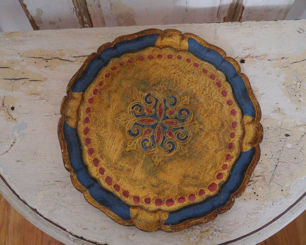 Small Round Florentine Tray - Gold, Blue, Rose, Touches of Green