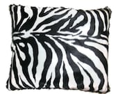 Handmade double sided minky faux fur travel pillow zebra print with black curly minky back safari teen rock rockabilly animal print