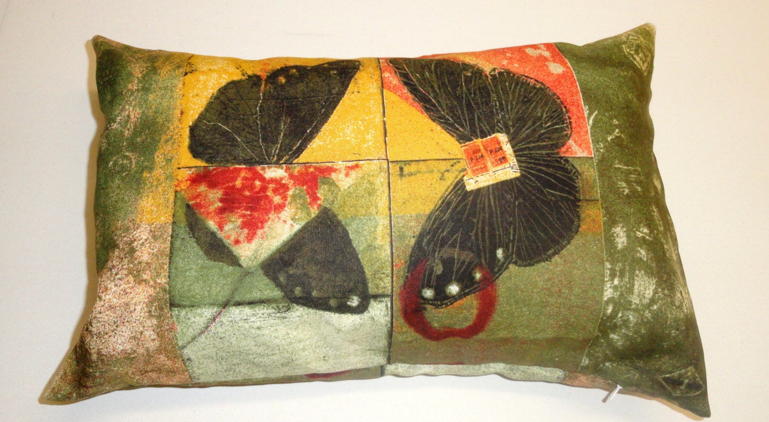 Custom made Art Work Pillow Cover 14"x 20" Red, Yellow,black, orange olive green .Designer Pillow - Decorative Pillow - Throw Pillow