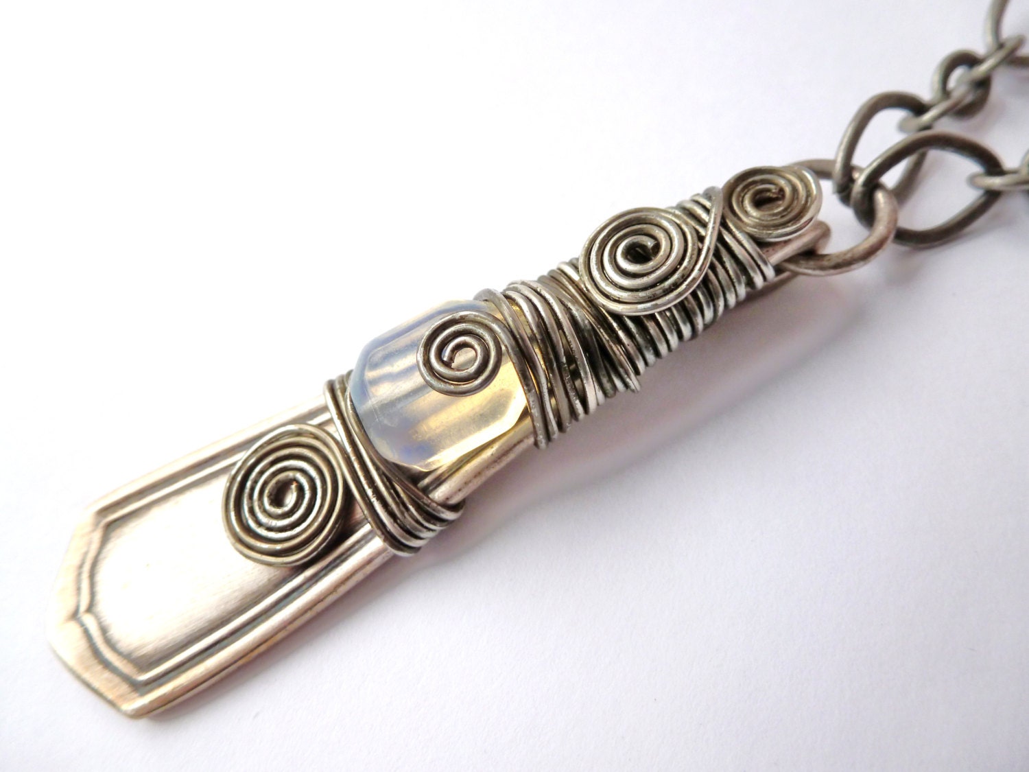 Opalite Wire Wrapped Silver Spoon Necklace