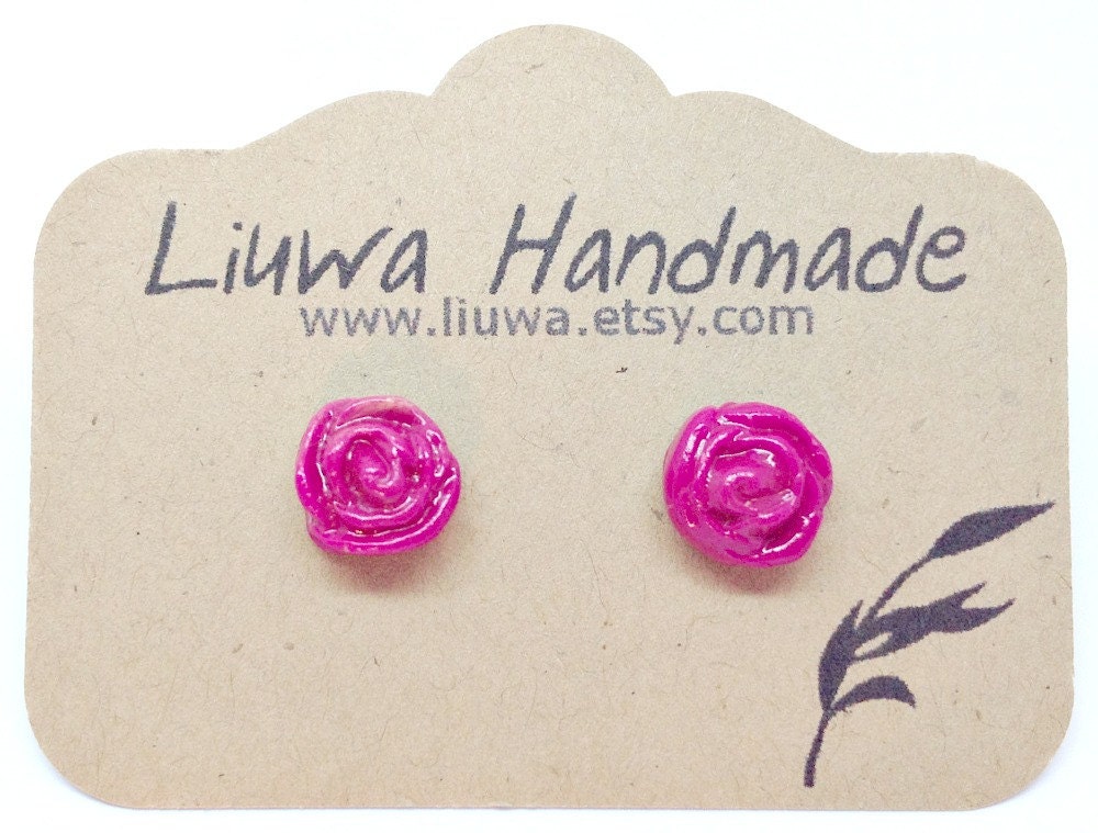 Fuschia Rose Earrings, Surgical Stainless Steel Posts, Fuschia Flower Earrings