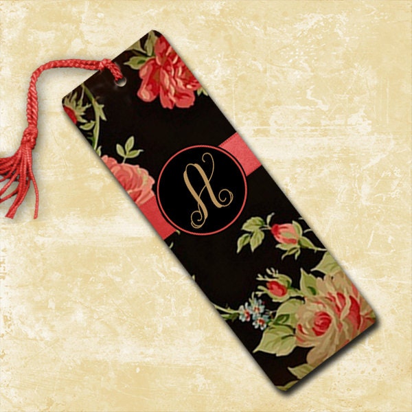 Monogrammed bookmark - Black with soft pink roses - pretty book mark metal (9637)