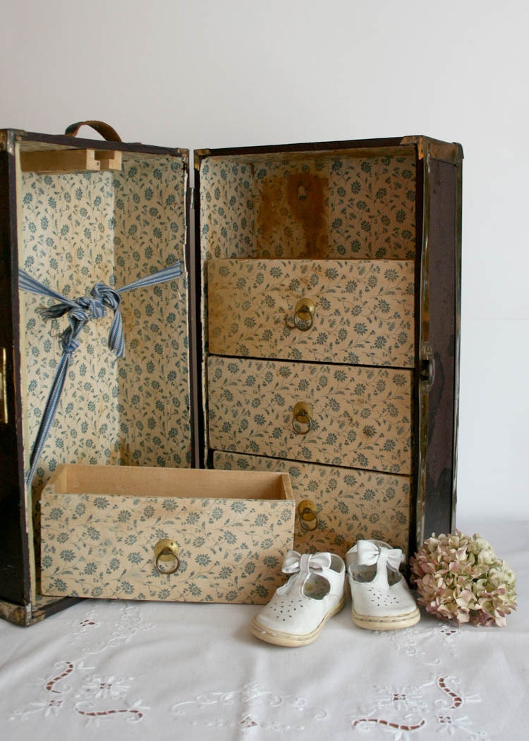 Vintage Doll Trunk Wardrobe Victorian wooden black metal trim antique shabby chic