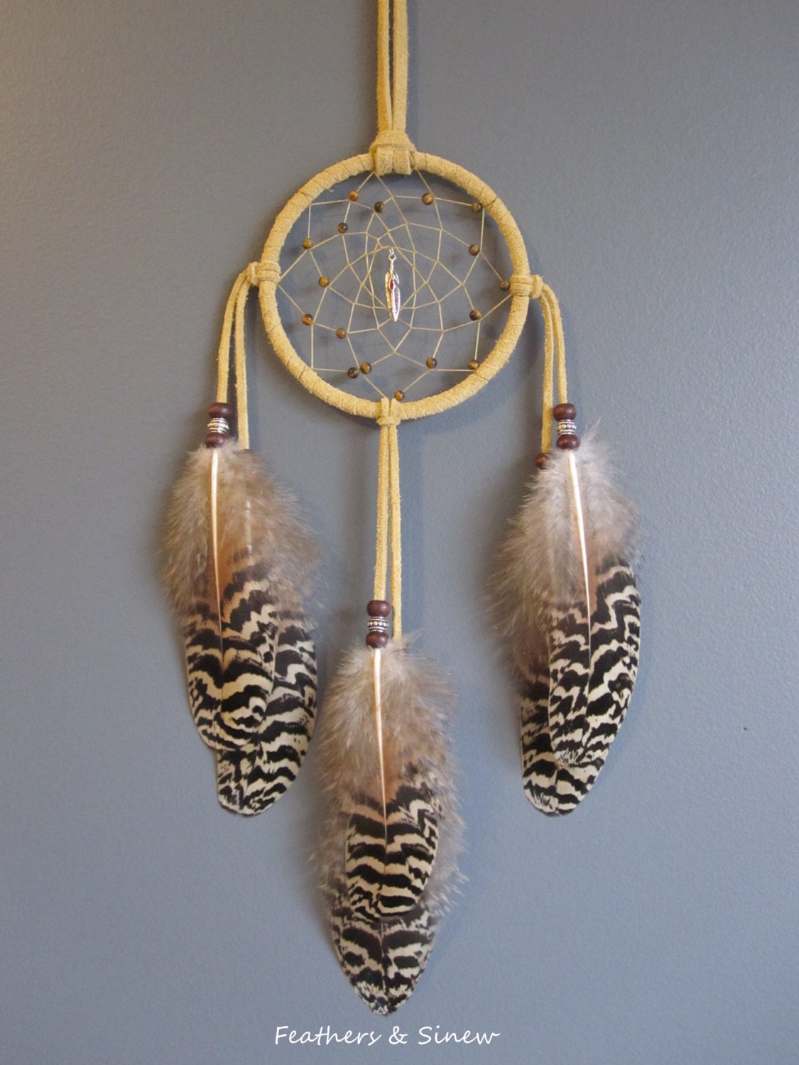 Dream Catcher Buckskin Suede with Black and Tan Peacock Feathers