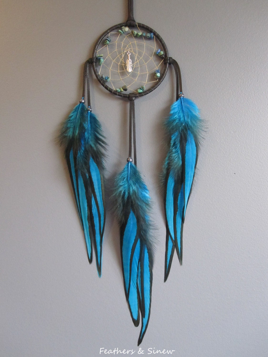 Dream Catcher Black Deerskin Leather with Black Laced Rooster Saddle Feathers