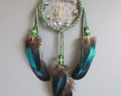 Dream Catcher Green Suede with Peacock Feathers