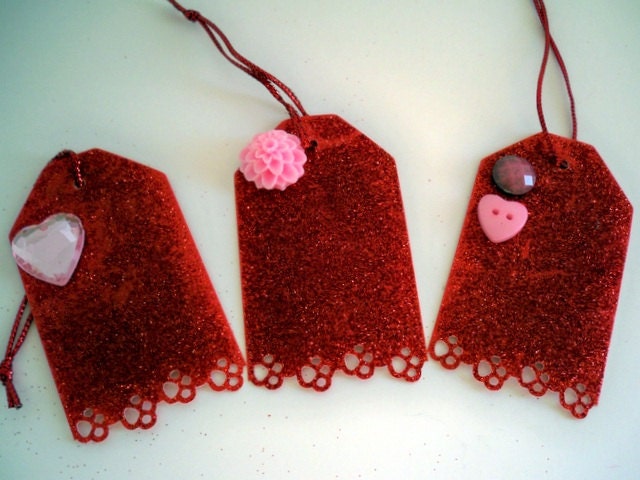 Mother's Day Gift Tags, Hearts Flowers and Buttons, Paper Cut Red Glitter Filigree Tags (Set of 5 Large Tags)