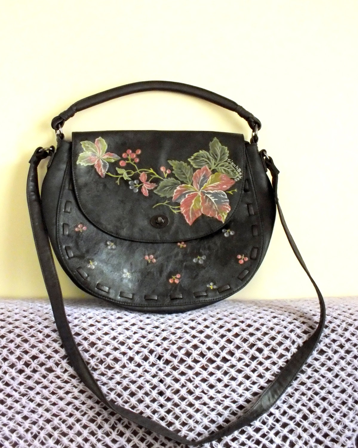 VINTAGE FLOWERS Hand painted black handbag, vegan leather purse